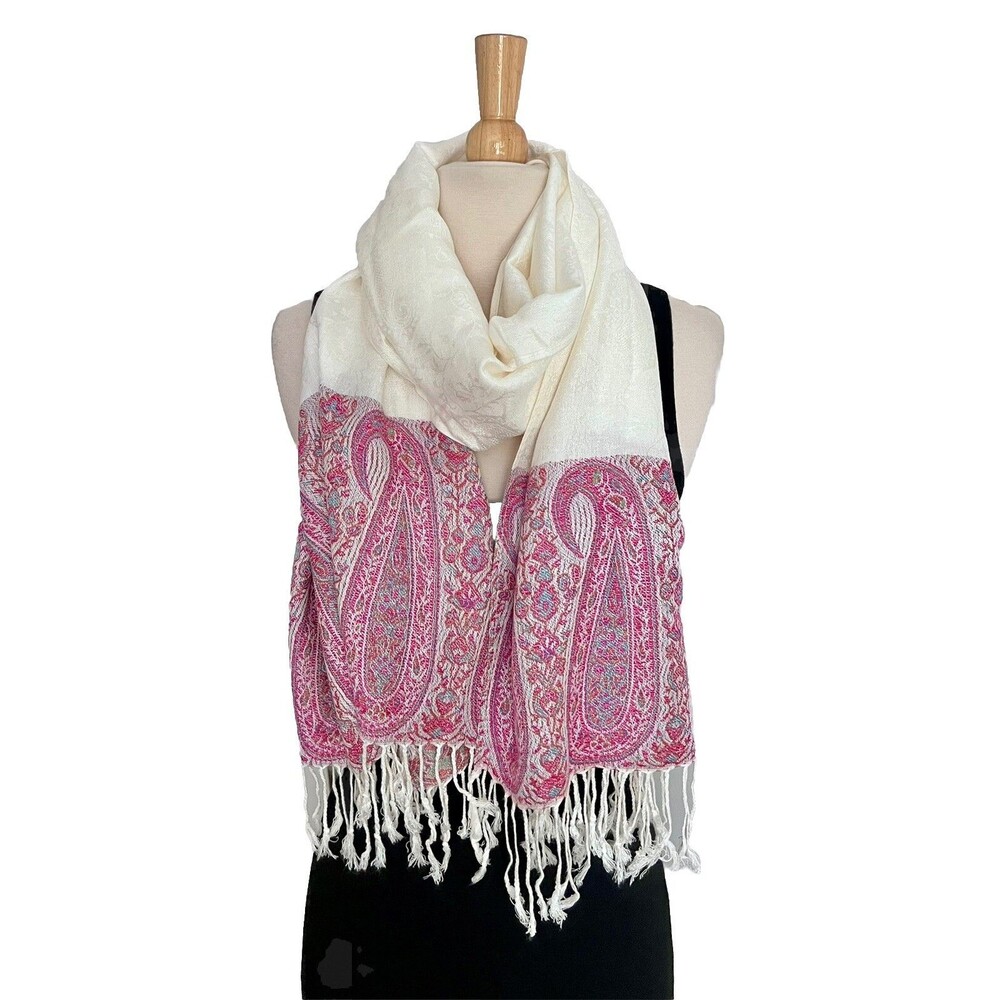 Soft Ivory Paisley Floral Scarf 100% Cashmere Boho Casual Colorful Pink Border